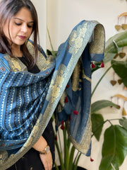 Ajrakh Handblock Printed Organza Crepe Dupatta with Banarasi Border - Masakalee