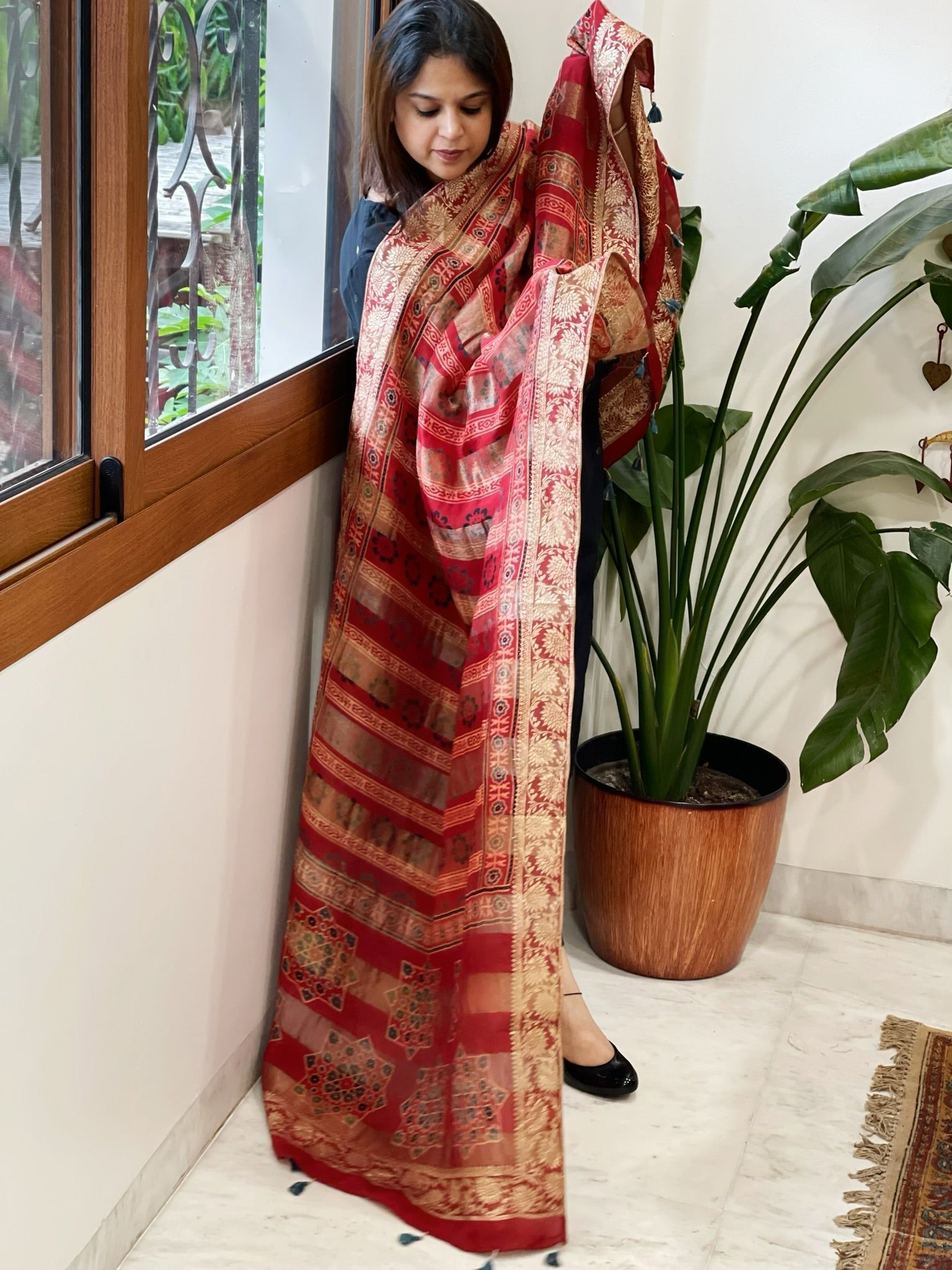 Ajrakh Handblock Printed Organza Crepe Dupatta with Banarasi Border - Masakalee
