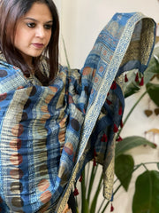Ajrakh Handblock Printed Organza Crepe Dupatta with Banarasi Border - Masakalee