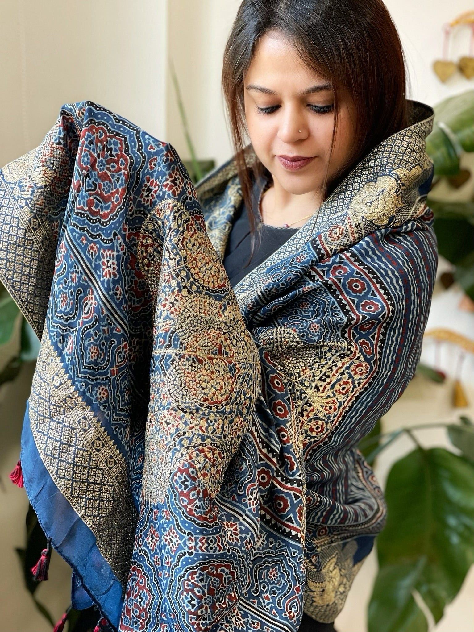 Ajrakh Handblock Printed Organza Crepe Dupatta with Banarasi Border - Masakalee