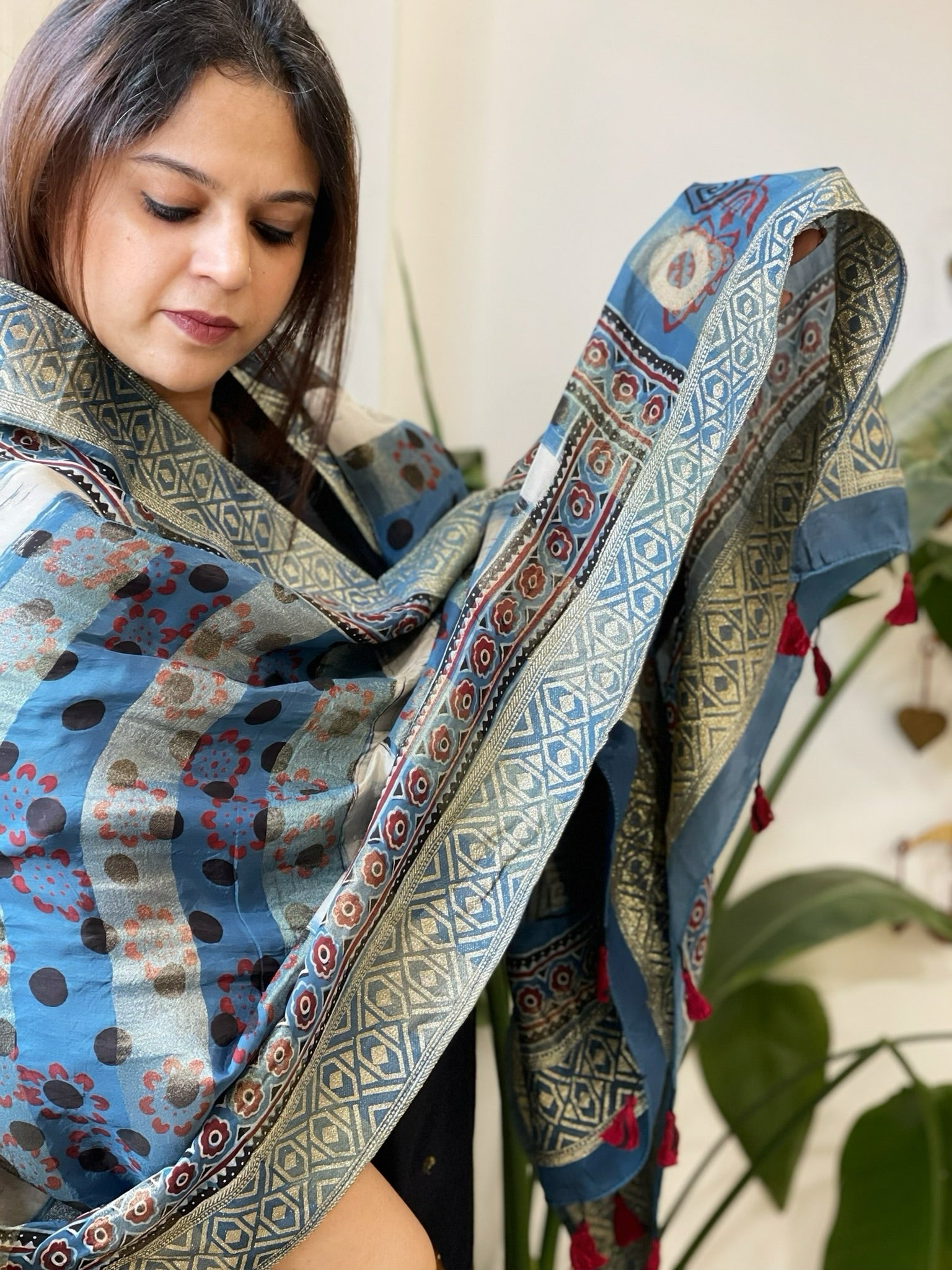 Ajrakh Handblock Printed Organza Crepe Dupatta with Banarasi Border - Masakalee