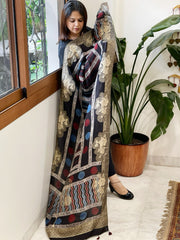 Ajrakh Handblock Printed Organza Crepe Dupatta with Banarasi Border - Masakalee