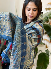 Ajrakh Handblock Printed Organza Crepe Dupatta with Banarasi Border - Masakalee