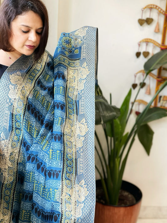 Ajrakh Handblock Printed Organza Crepe Dupatta with Banarasi Border - Masakalee