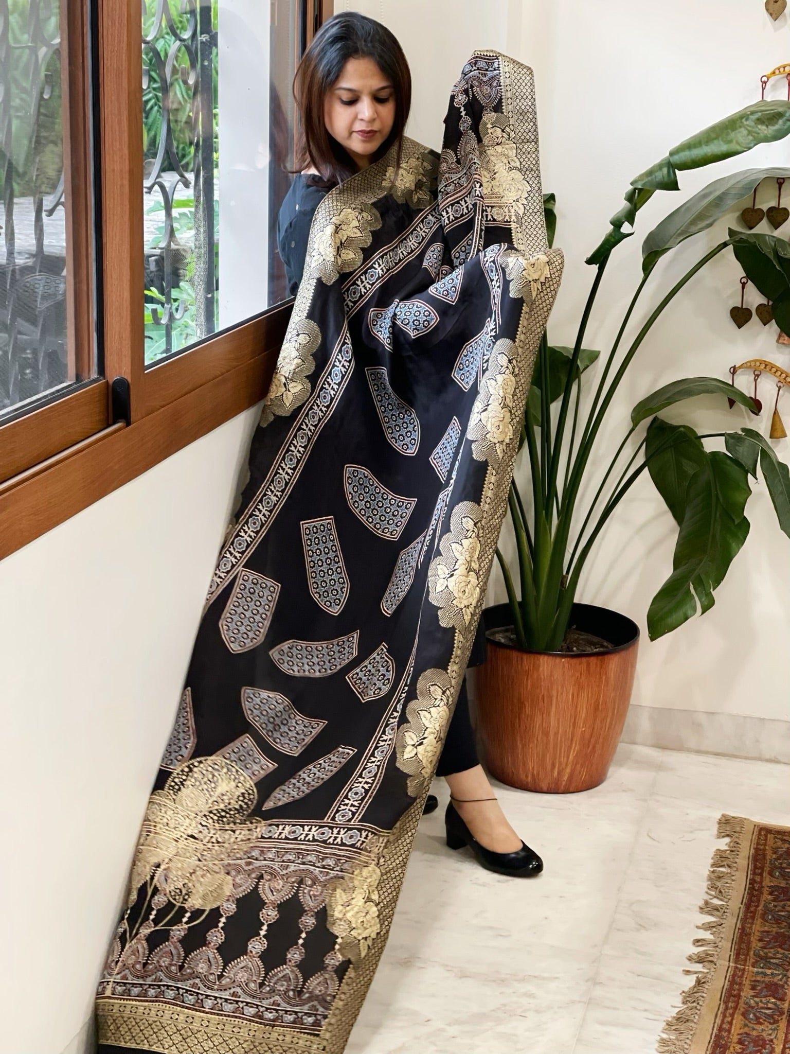 Ajrakh Handblock Printed Organza Crepe Dupatta with Banarasi Border - Masakalee