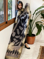 Ajrakh Handblock Printed Organza Crepe Dupatta with Banarasi Border - Masakalee