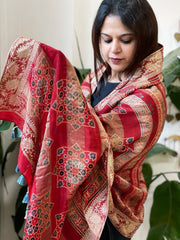 Ajrakh Handblock Printed Organza Crepe Dupatta with Banarasi Border - Masakalee