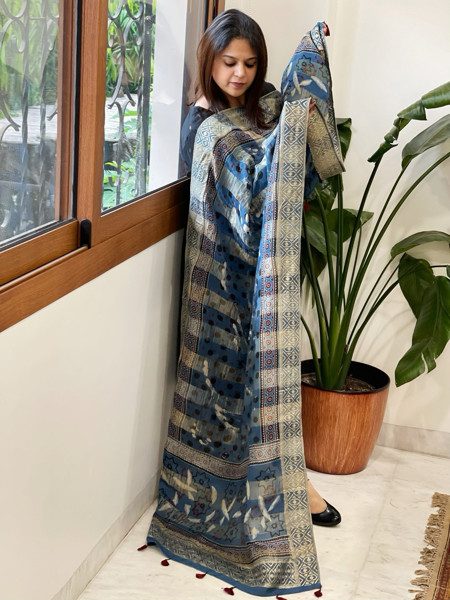 Ajrakh Handblock Printed Organza Crepe Dupatta with Banarasi Border - Masakalee