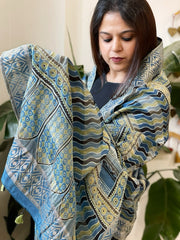 Ajrakh Handblock Printed Organza Crepe Dupatta with Banarasi Border - Masakalee