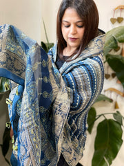 Ajrakh Handblock Printed Organza Crepe Dupatta with Banarasi Border - Masakalee