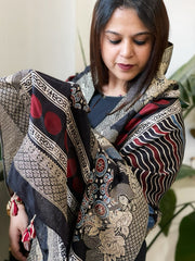 Ajrakh Handblock Printed Organza Crepe Dupatta with Banarasi Border - Masakalee