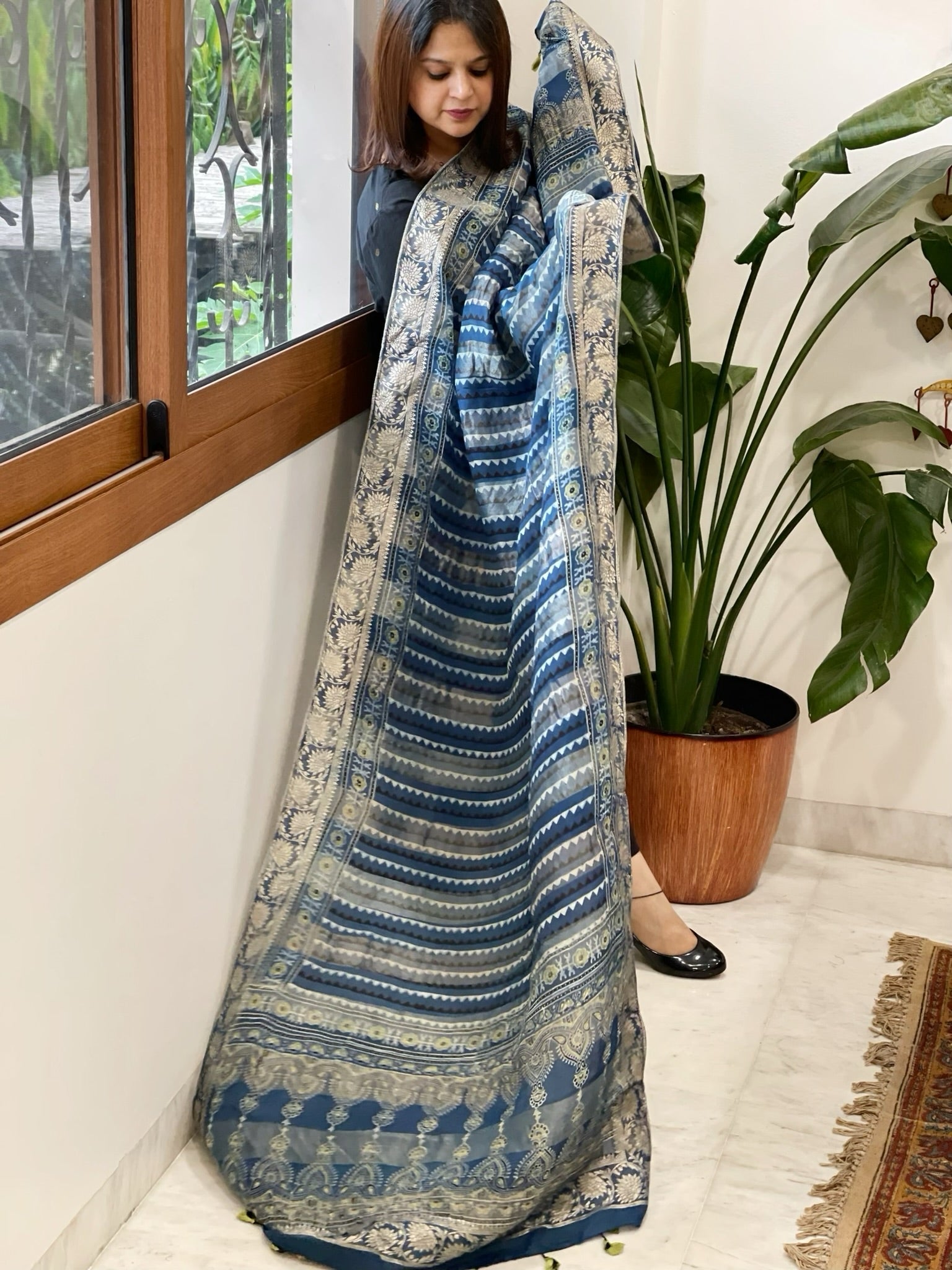 Ajrakh Handblock Printed Organza Crepe Dupatta with Banarasi Border - Masakalee