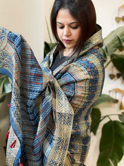 Ajrakh Handblock Printed Organza Crepe Dupatta with Banarasi Border - Masakalee