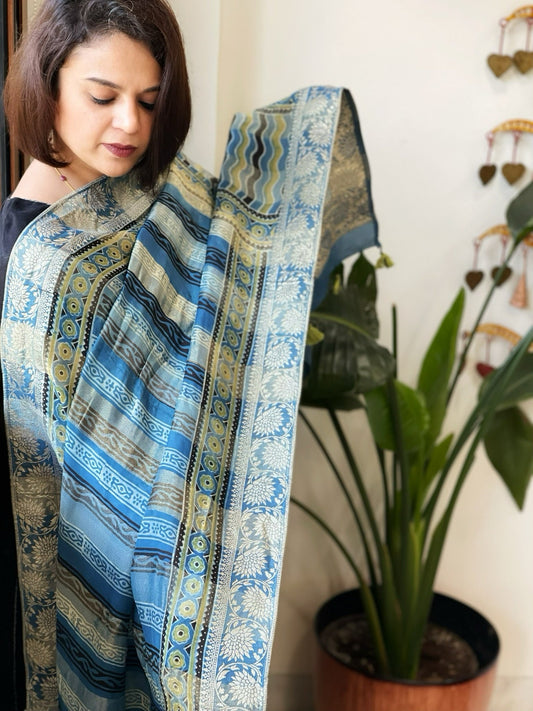 Ajrakh Handblock Printed Organza Crepe Dupatta with Banarasi Border - Masakalee