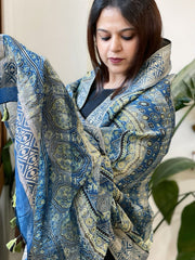 Ajrakh Handblock Printed Organza Crepe Dupatta with Banarasi Border - Masakalee