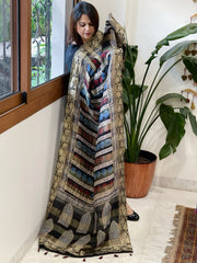 Ajrakh Handblock Printed Organza Crepe Dupatta with Banarasi Border - Masakalee