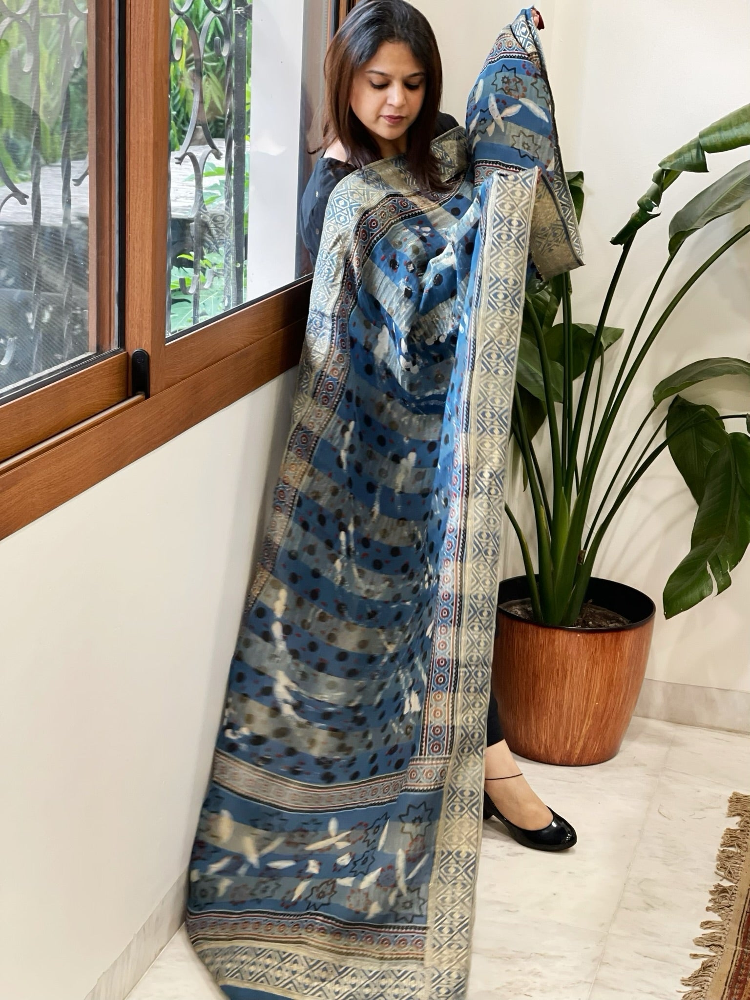 Ajrakh Handblock Printed Organza Crepe Dupatta with Banarasi Border - Masakalee