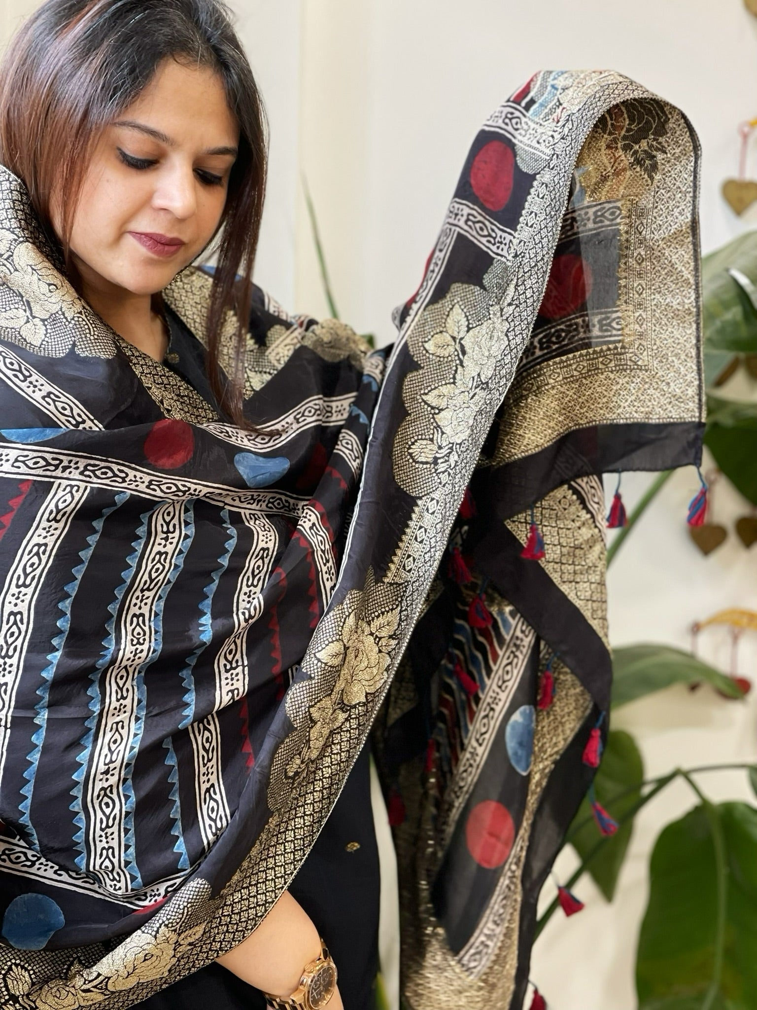 Ajrakh Handblock Printed Organza Crepe Dupatta with Banarasi Border - Masakalee