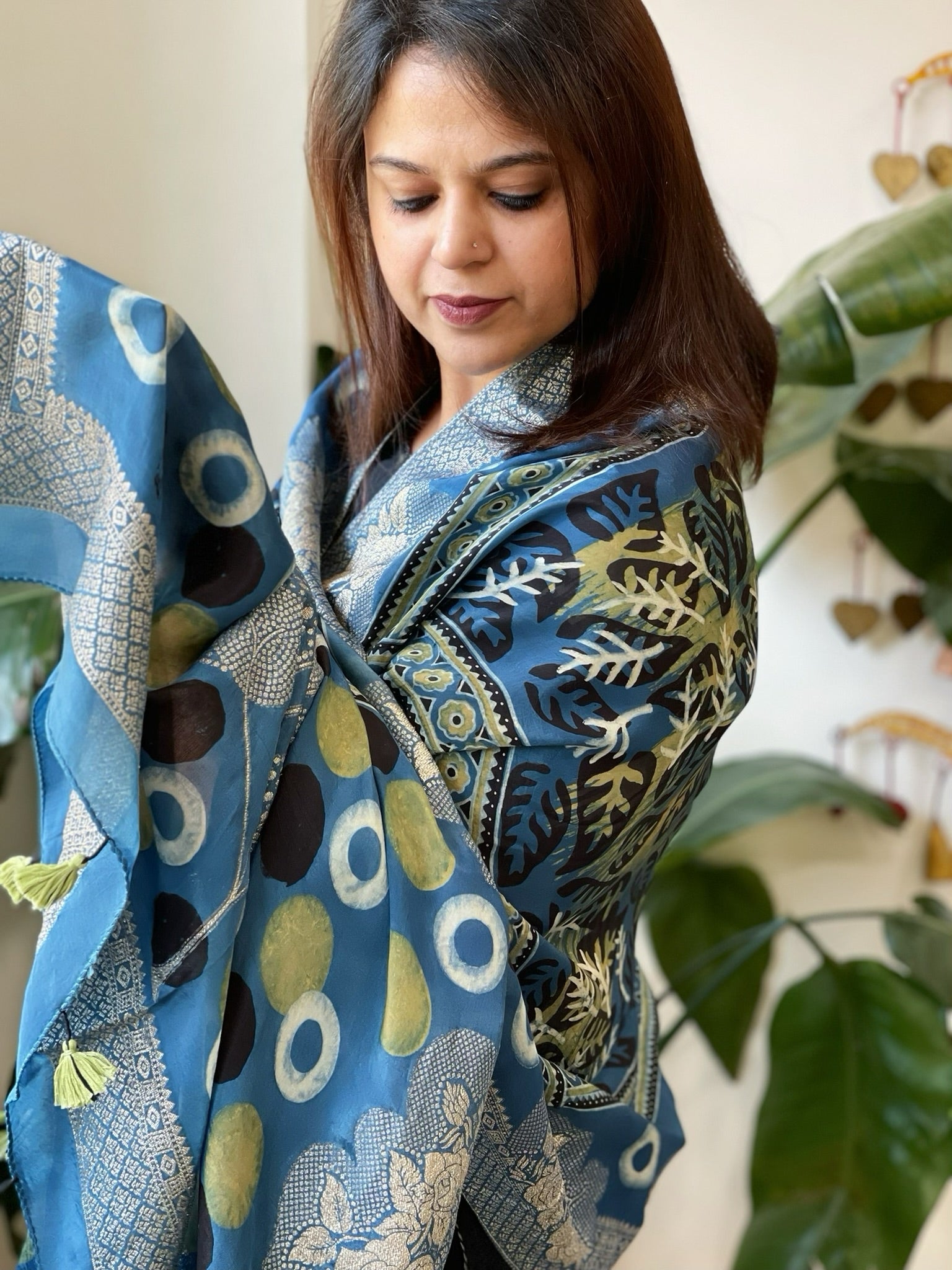 Ajrakh Handblock Printed Organza Crepe Dupatta with Banarasi Border - Masakalee
