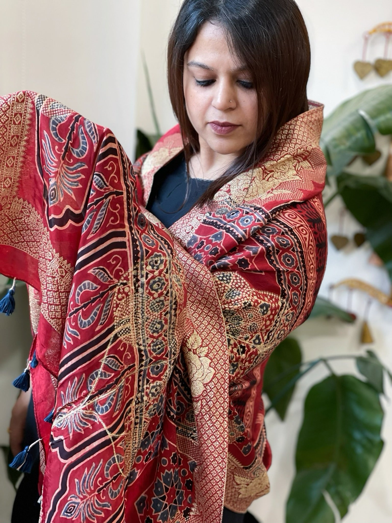 Ajrakh Handblock Printed Organza Crepe Dupatta with Banarasi Border - Masakalee