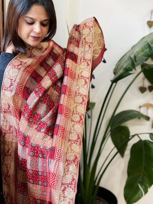 Ajrakh Handblock Printed Organza Crepe Dupatta with Banarasi Border - Masakalee