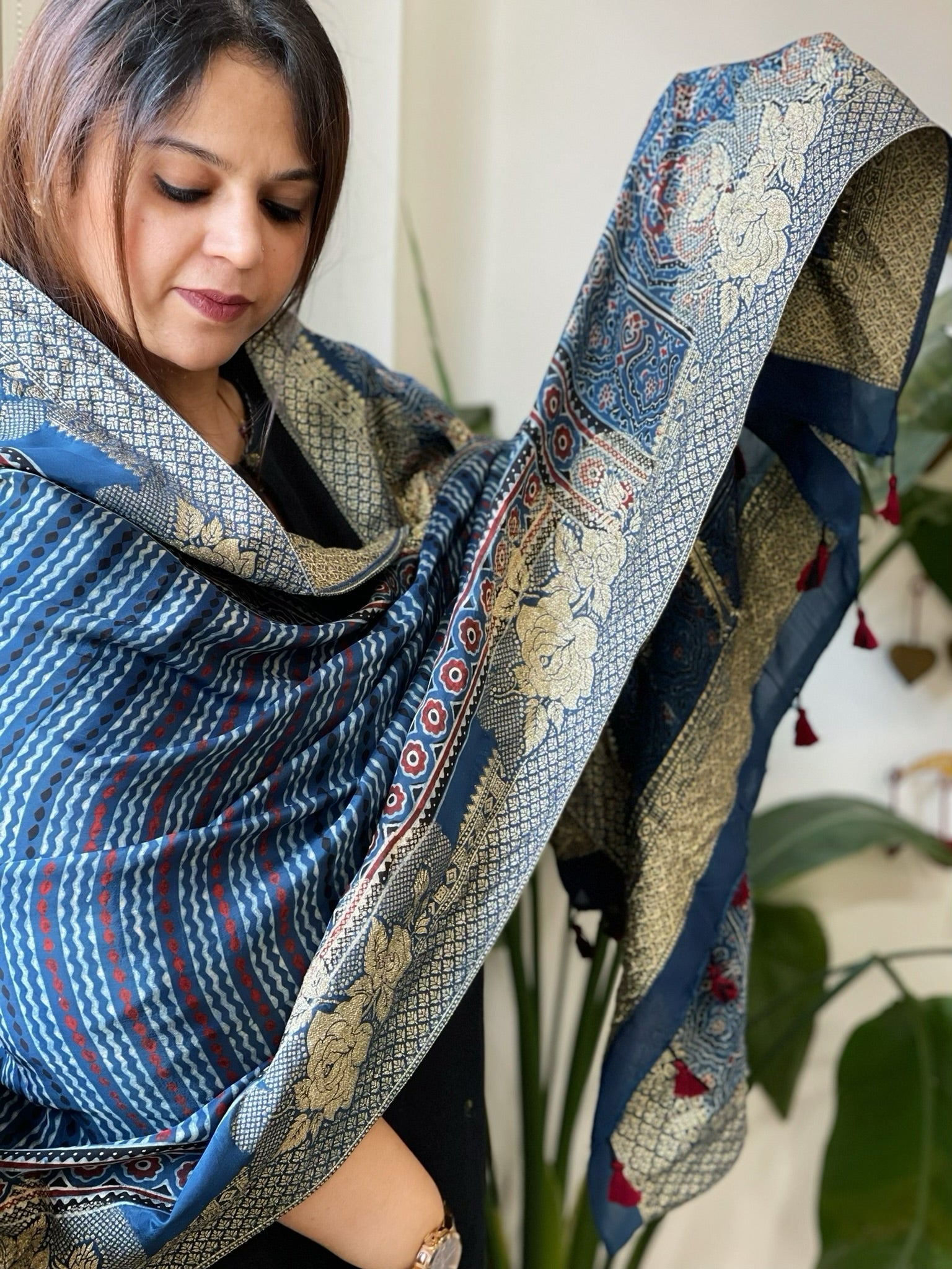 Ajrakh Handblock Printed Organza Crepe Dupatta with Banarasi Border - Masakalee