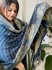 Ajrakh Handblock Printed Organza Crepe Dupatta with Banarasi Border - Masakalee