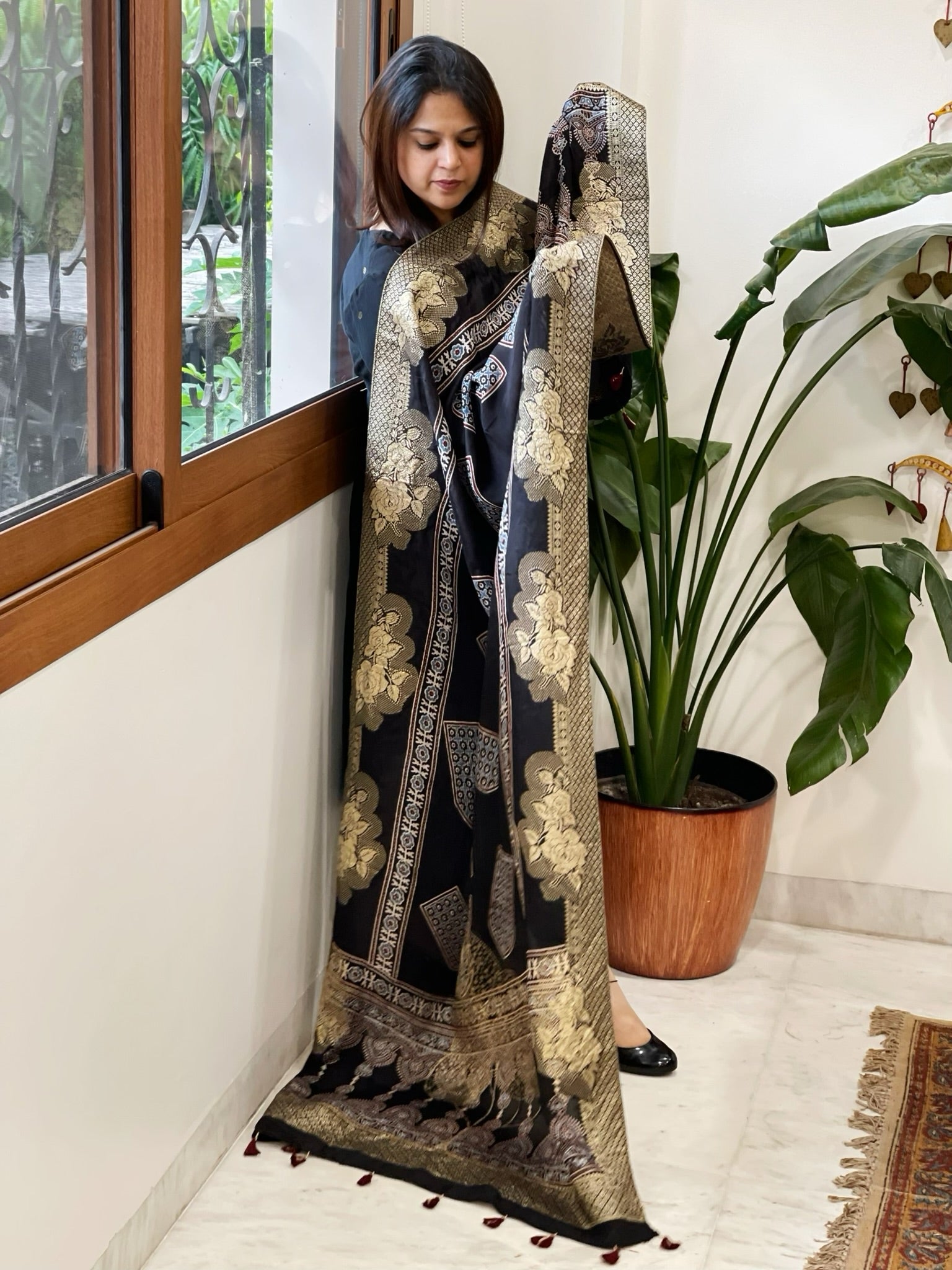 Ajrakh Handblock Printed Organza Crepe Dupatta with Banarasi Border - Masakalee