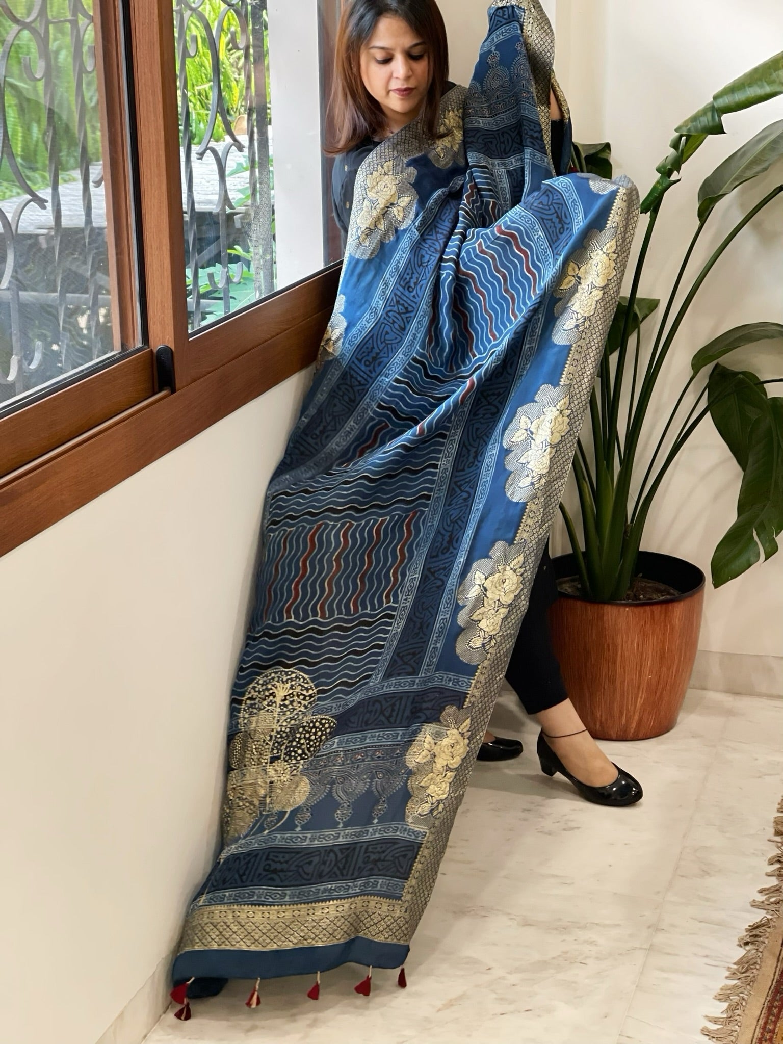 Ajrakh Handblock Printed Organza Crepe Dupatta with Banarasi Border - Masakalee