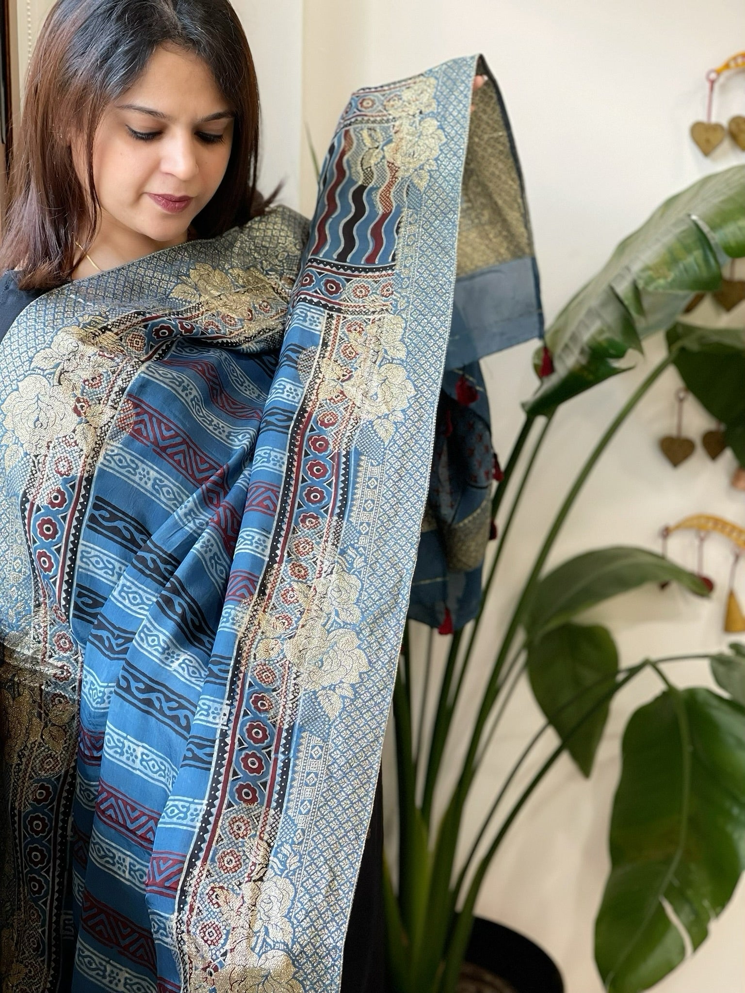 Ajrakh Handblock Printed Organza Crepe Dupatta with Banarasi Border - Masakalee