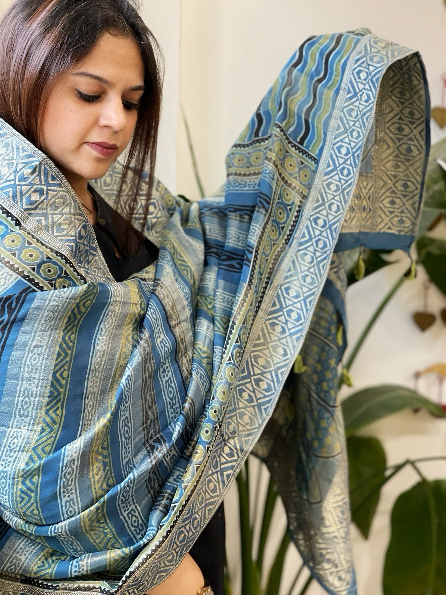 Ajrakh Handblock Printed Organza Crepe Dupatta with Banarasi Border - Masakalee