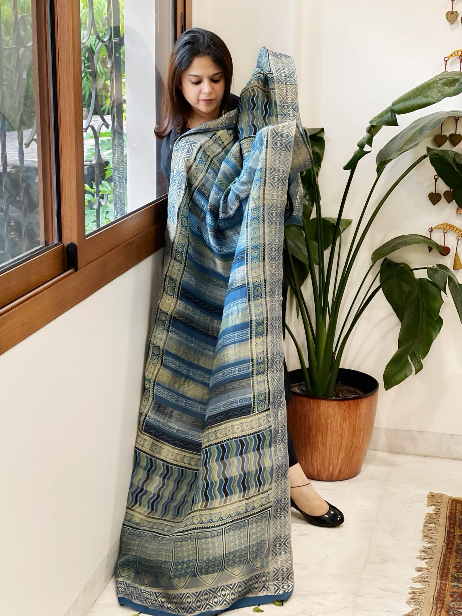 Ajrakh Handblock Printed Organza Crepe Dupatta with Banarasi Border - Masakalee