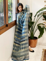 Ajrakh Handblock Printed Organza Crepe Dupatta with Banarasi Border - Masakalee