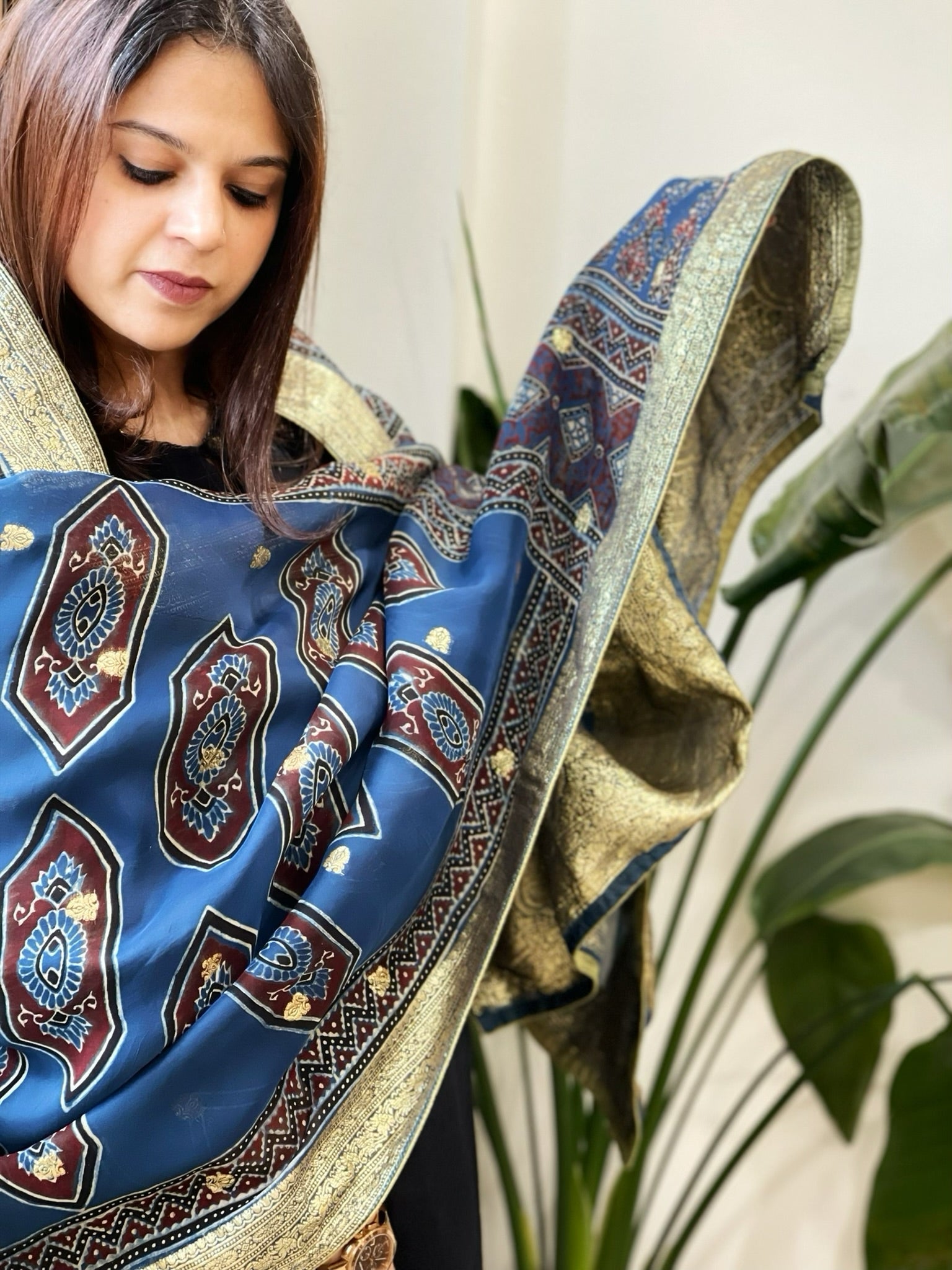 Ajrakh Handblock Printed Organza Dupatta with Banarasi Border - Masakalee