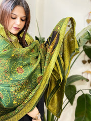 Ajrakh Handblock Printed Organza Dupatta with Banarasi Border - Masakalee