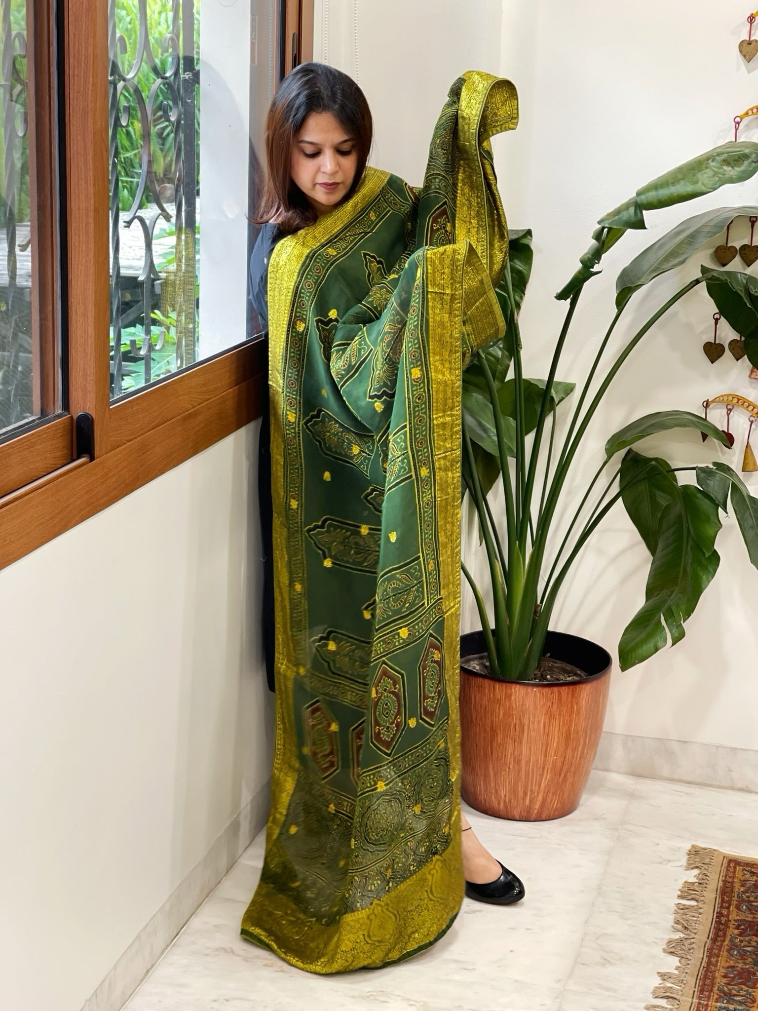 Ajrakh Handblock Printed Organza Dupatta with Banarasi Border - Masakalee