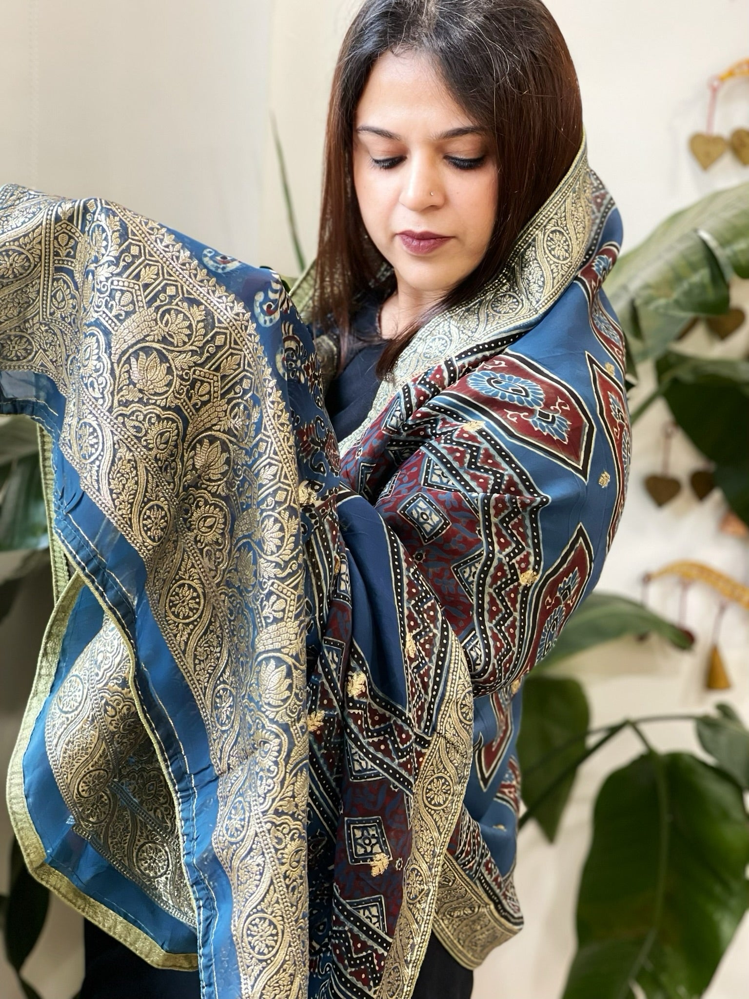 Ajrakh Handblock Printed Organza Dupatta with Banarasi Border - Masakalee