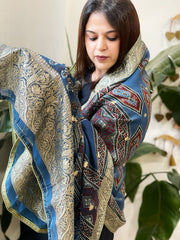 Ajrakh Handblock Printed Organza Dupatta with Banarasi Border - Masakalee