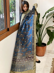 Ajrakh Handblock Printed Organza Dupatta with Banarasi Border - Masakalee
