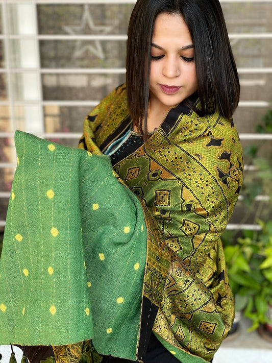Ajrakh Handblock Printed Silk - Woollen Shawl - Masakalee
