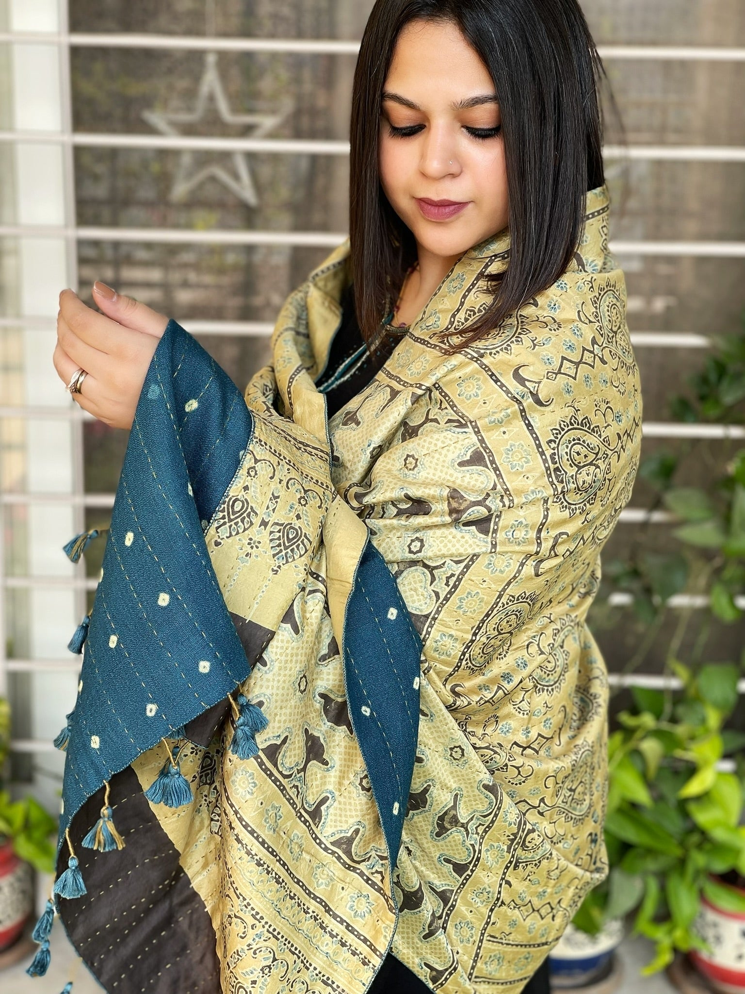 Ajrakh Handblock Printed Silk - Woollen Shawl - Masakalee
