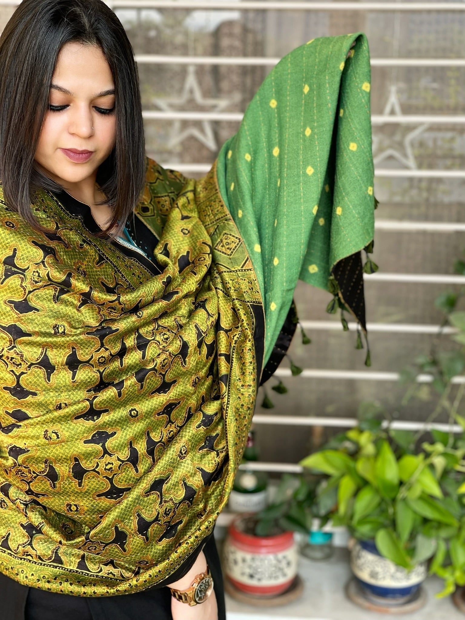 Ajrakh Handblock Printed Silk - Woollen Shawl - Masakalee