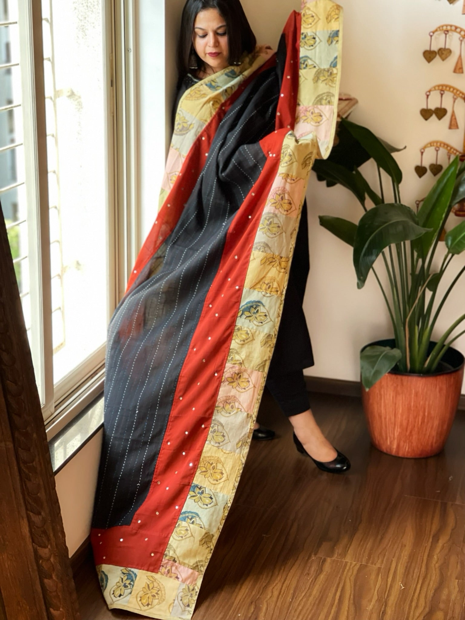 Ajrakh Patchwork Cotton Dupatta with Kantha Stitch & Mirror Work - Masakalee