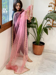 Antique Rose Net Dupatta with Pearl, Sequin and Cut Daana Embroidery - Masakalee