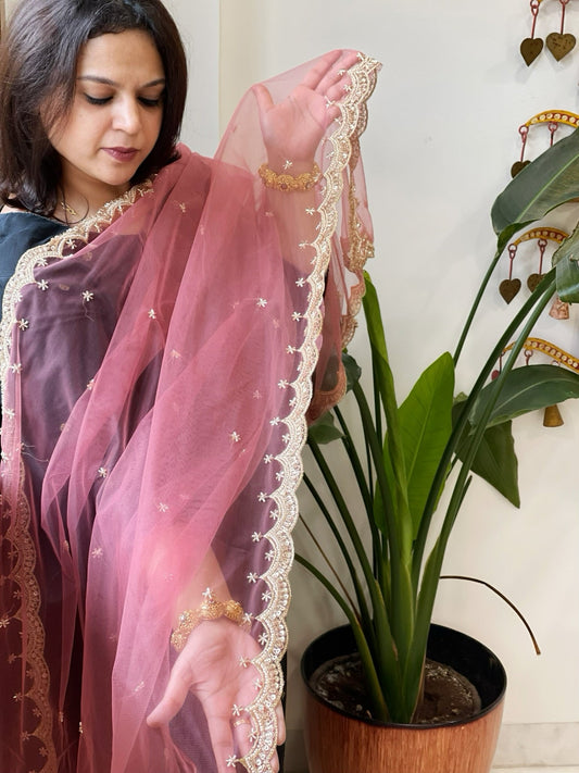 Antique Rose Net Dupatta with Pearl, Sequin and Cut Daana Embroidery - Masakalee