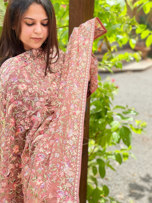 Antique Rose Parsi Gara Embroidery Dupatta in Georgette - Masakalee