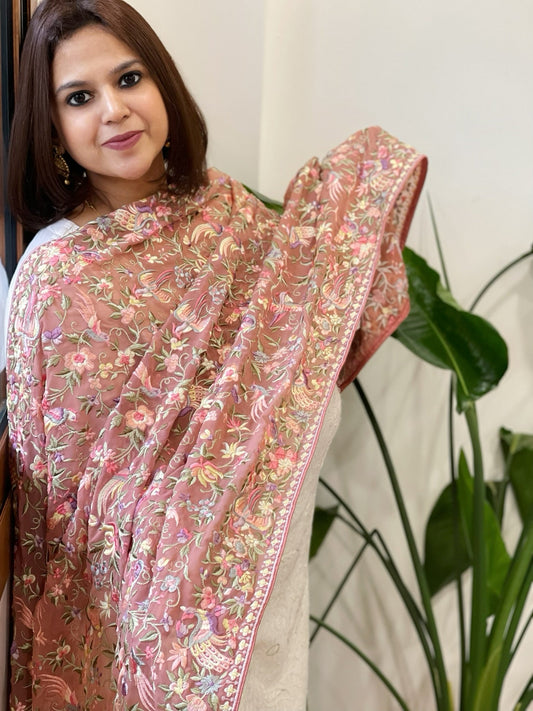 Antique Rose Parsi Gara Embroidery Dupatta in Georgette - Masakalee