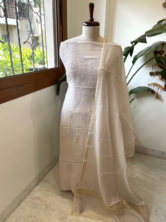 Antique Rose Suit Set with Lucknowi Handwork in Pure Mul Chanderi - Masakalee