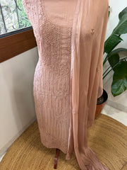 Antique Rose Suit Set with Lucknowi Handwork in Pure Mul Cotton - Masakalee