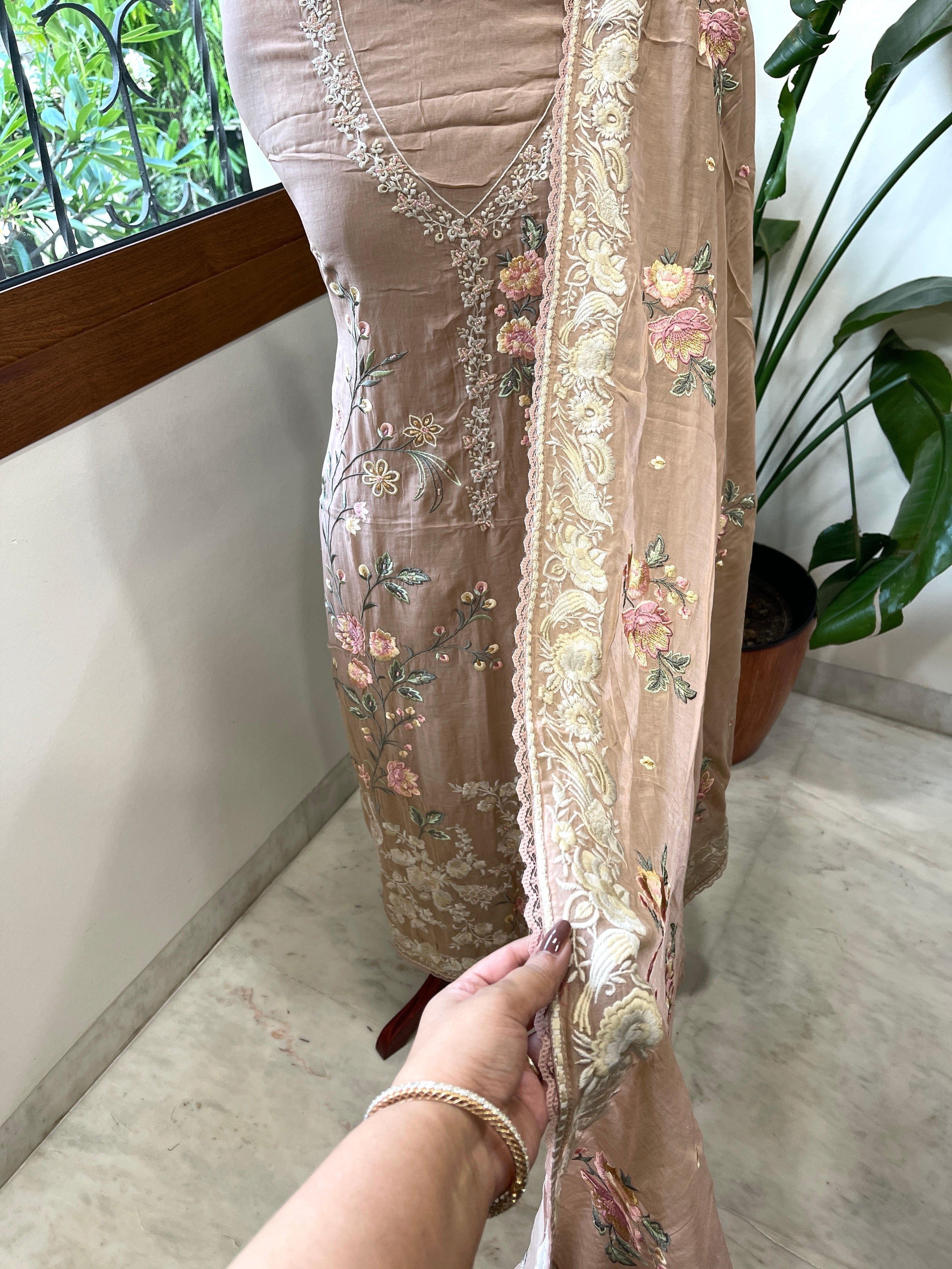 Antique Rose Suit Set with Parsi Gara Embroidery in Mul Chanderi - Masakalee